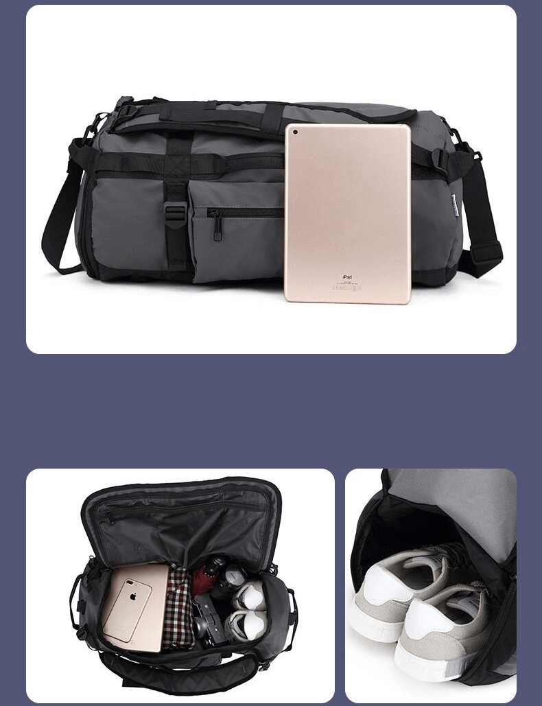 Waterproof sports bag SF0920 with dry and wet clothes separation, shown with compartments, shoe section, and tablet for size reference.